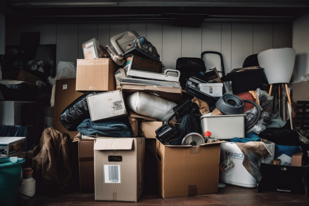Tas d'encombrants et de cartons symbolisant le coût de la débarras d'une maison